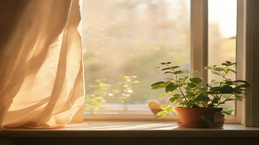 Aurinkoinen aamun ikkunanäkymä, valoa virtaa sisään